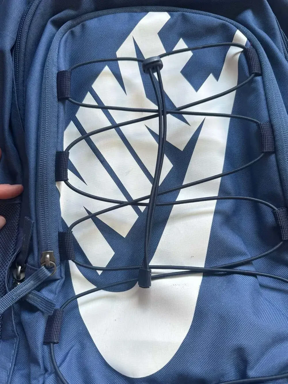Nike Hayward Navy Blue Backpack Oversized Logo Bungee School Travel Sport Bag